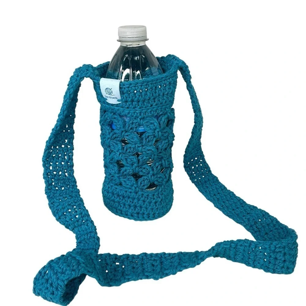Crochet Crossbody Water Bottle Holder Bag Multicolor Handcrafted Cotton Handmade